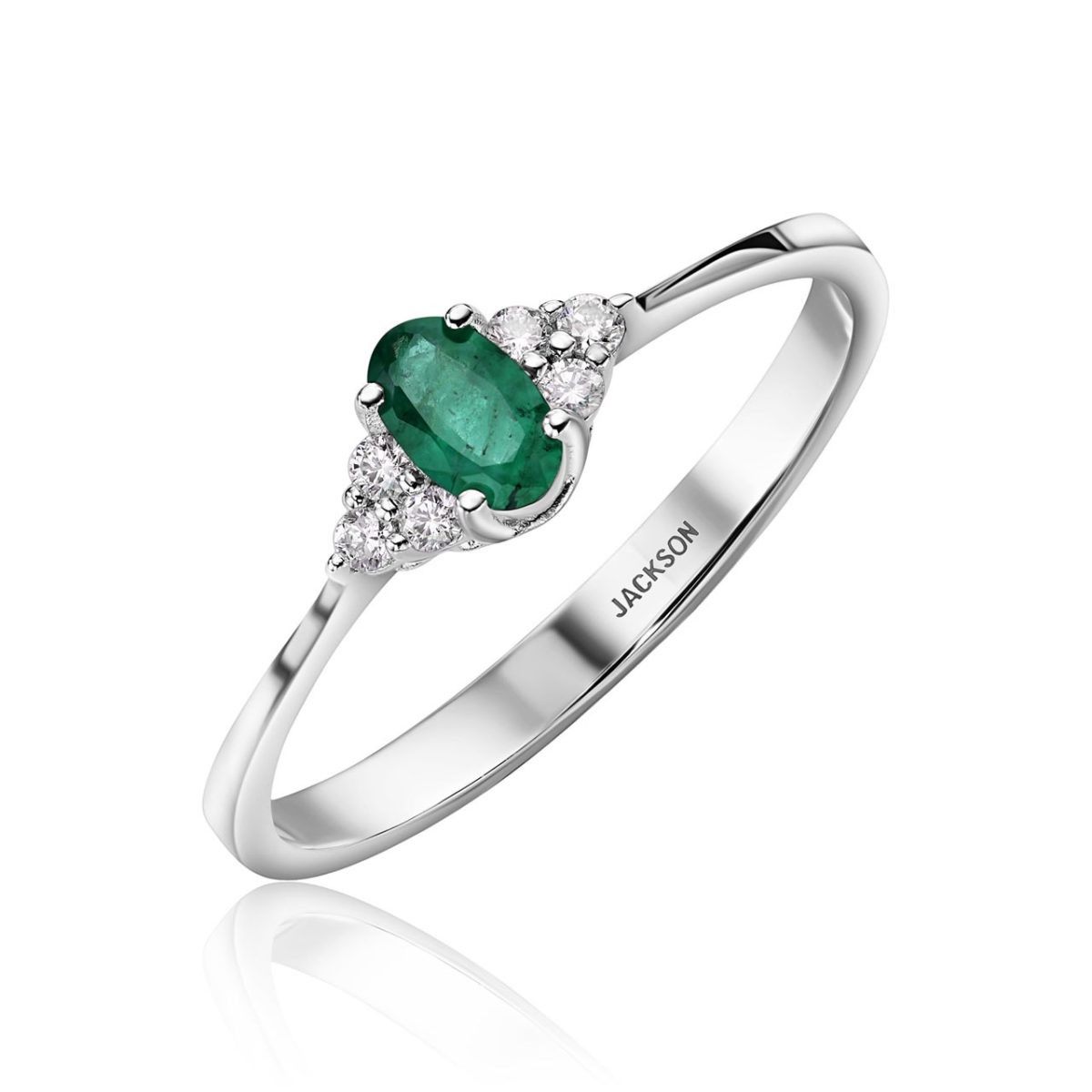טבעת יהלומים - טריו אבן חן ירוקה - זהב לבן