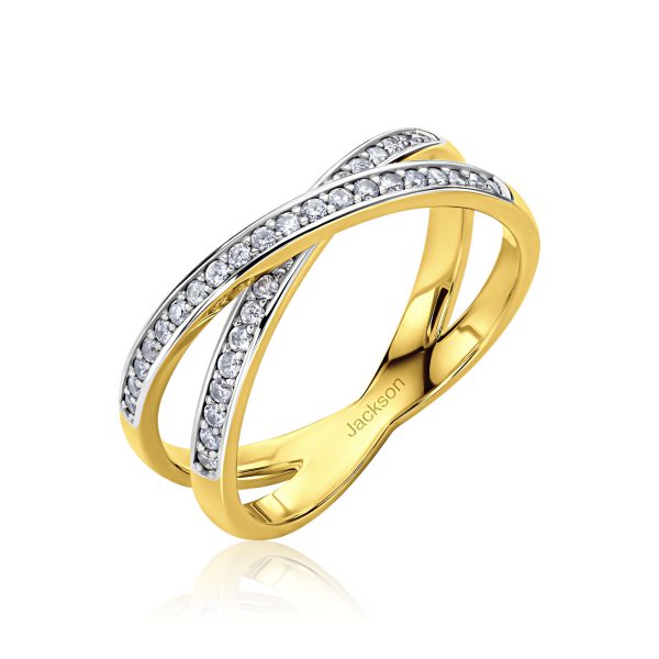 טבעת יהלומים - איקס שיבוץ במסילה - זהב צהוב